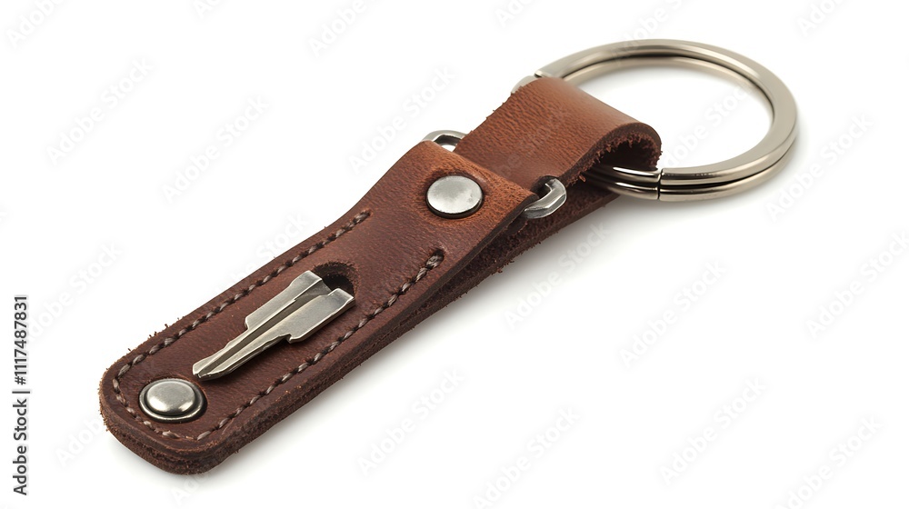 Brown Leather Keychain with Key and Metal Ring Brown Leather Keychain with Key and Metal Ring