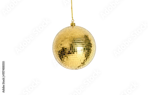 Golden disco ball isolated on white background, New Year celebrations, party decorations, festive events. Shiny reflective surface adds sparkle holiday atmosphere and fun