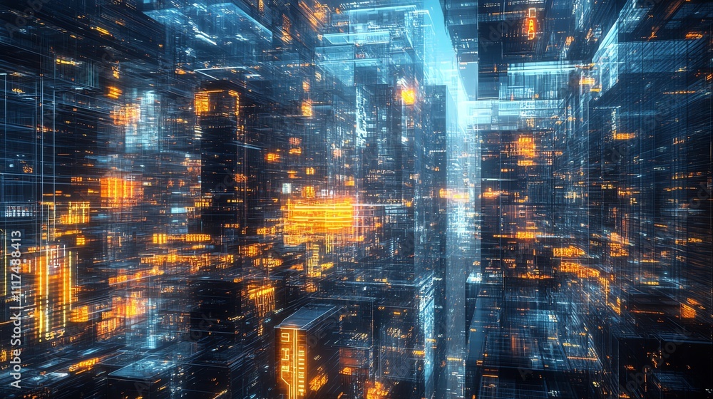 Obraz premium Futuristic digital cityscape in vibrant colors.