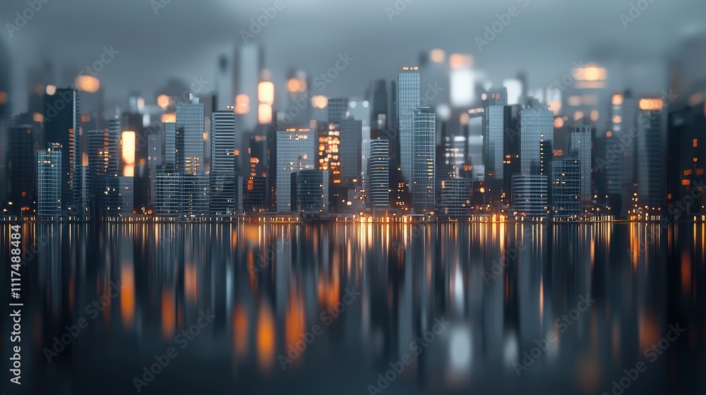 Fototapeta premium Urban skyline reflecting on calm water at dusk