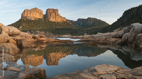 Serene coastal landscape with mountains reflected in calm water. Rocky shoreline, tranquil bay, and dramatic cliffs.