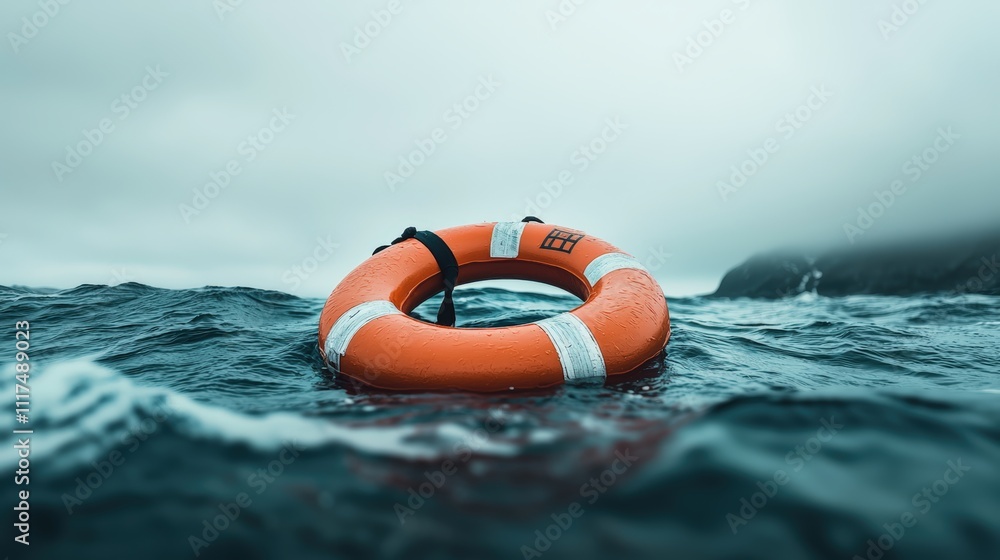 Naklejka premium Lifebuoy floating in a calm ocean environment