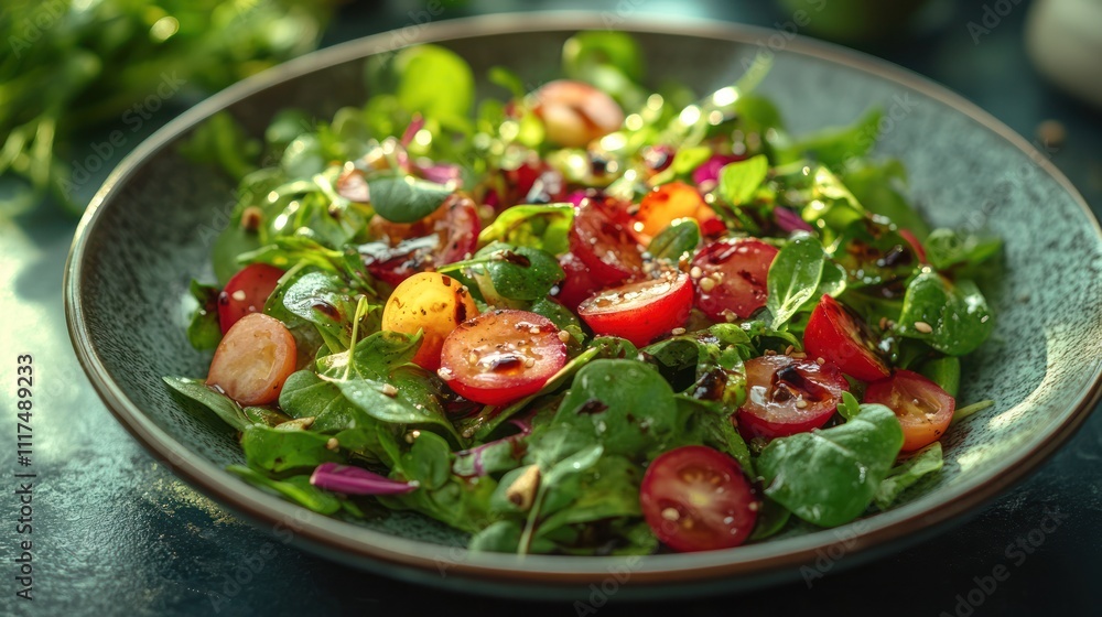 Fresh salad with cherry tomatoes and greens in a bowl. Fresh salad with cherry tomatoes and greens in a bowl.