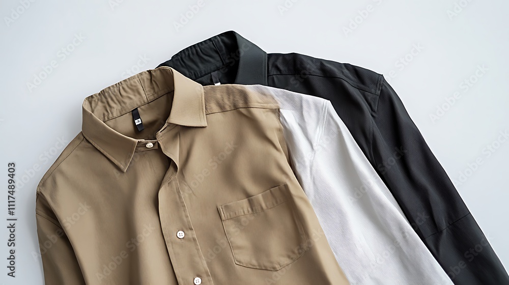 Three Stylish Shirts in Tan, White, and Black Three Stylish Shirts in Tan, White, and Black