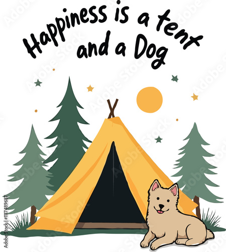 'Happiness is a Tent and a Dog' T-shirt. Perfect for outdoor enthusiasts and dog lovers, this design features cozy vibes and adventure-ready style, making it the ultimate wear for your next camping tr