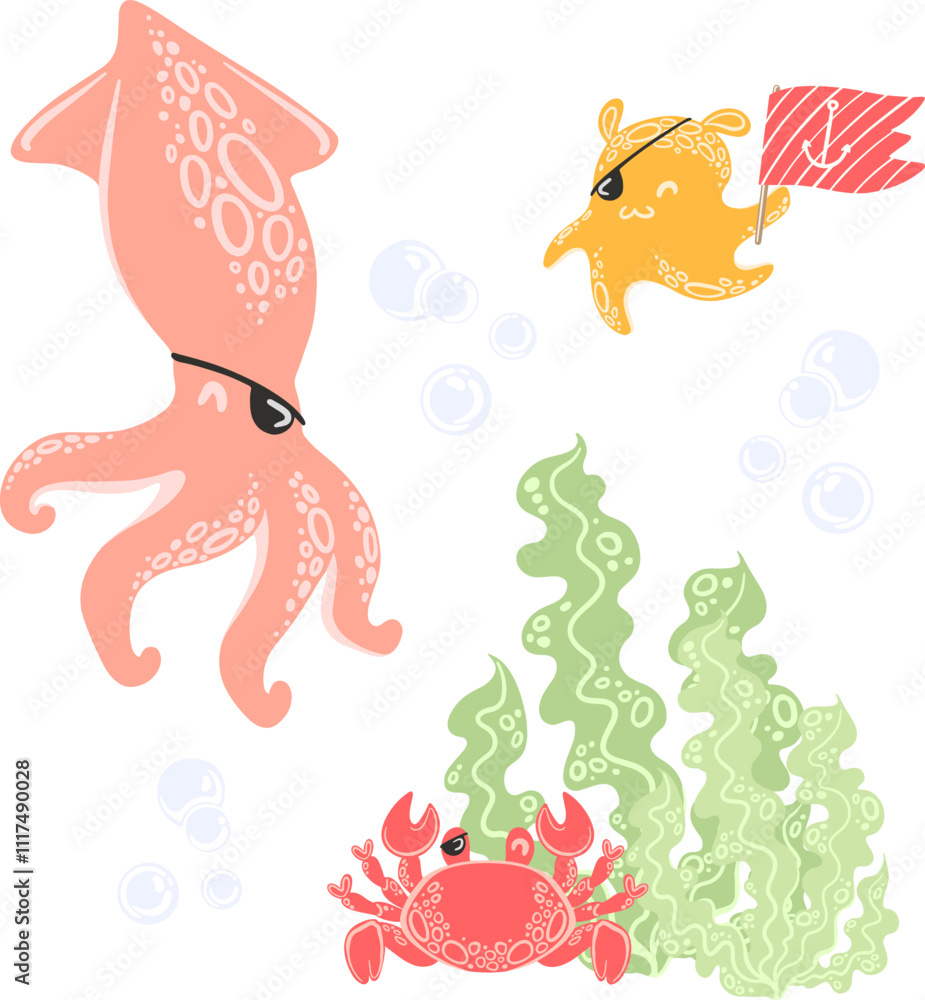 Vector clip art of squid pirat and octopus pirate and carb pirate. Vector clip art of squid pirat and octopus pirate and carb pirate.