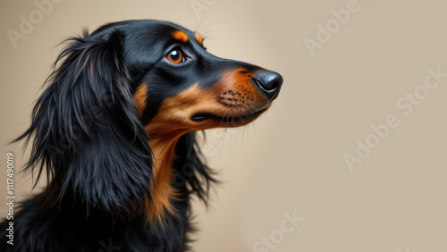 A close-up photo of a long-haired dachshund with its head turned to the side.