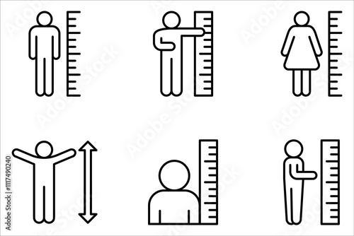 human measures height icon set, scale with man on white background