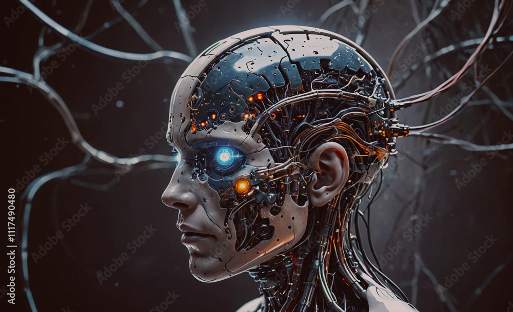 Woman's face with a robotic look. The face is made of wires and has a blue light in the eyes Woman's face with a robotic look. The face is made of wires and has a blue light in the eyes
