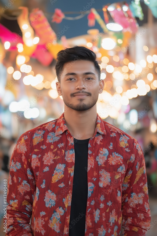 A man in a red floral shirt is smiling for the camera. The image has a warm and inviting mood, with the bright colors of the shirt and the man's smile creating a sense of happiness and positivity A man in a red floral shirt is smiling for the camera. The image has a warm and inviting mood, with the bright colors of the shirt and the man's smile creating a sense of happiness and positivity