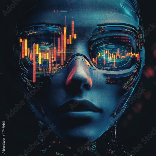 Abstract robot face with stock market charts reflected in its eyes AI trading [robotic decision making in finance