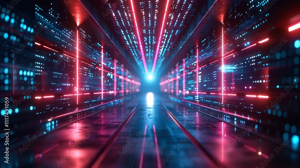 Abstract neon lights into digital technology tunnel. Generative AI. Abstract neon lights into digital technology tunnel. Generative AI.