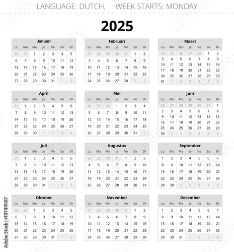 2025 year dutch calendar. Vector illustration Dutch. 12 months kalender