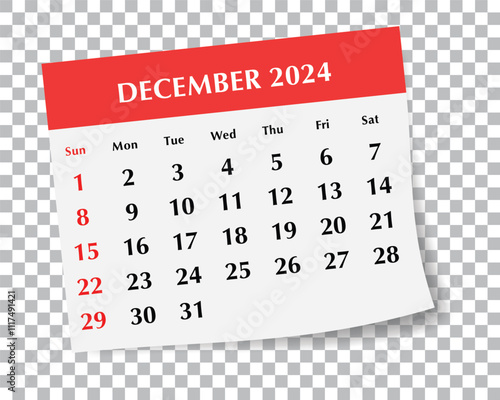 ENGLISH december 2024 calendar. Vector illustration transparent background