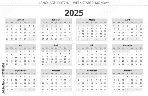 2025 year dutch calendar. Vector illustration Dutch. 12 months kalender