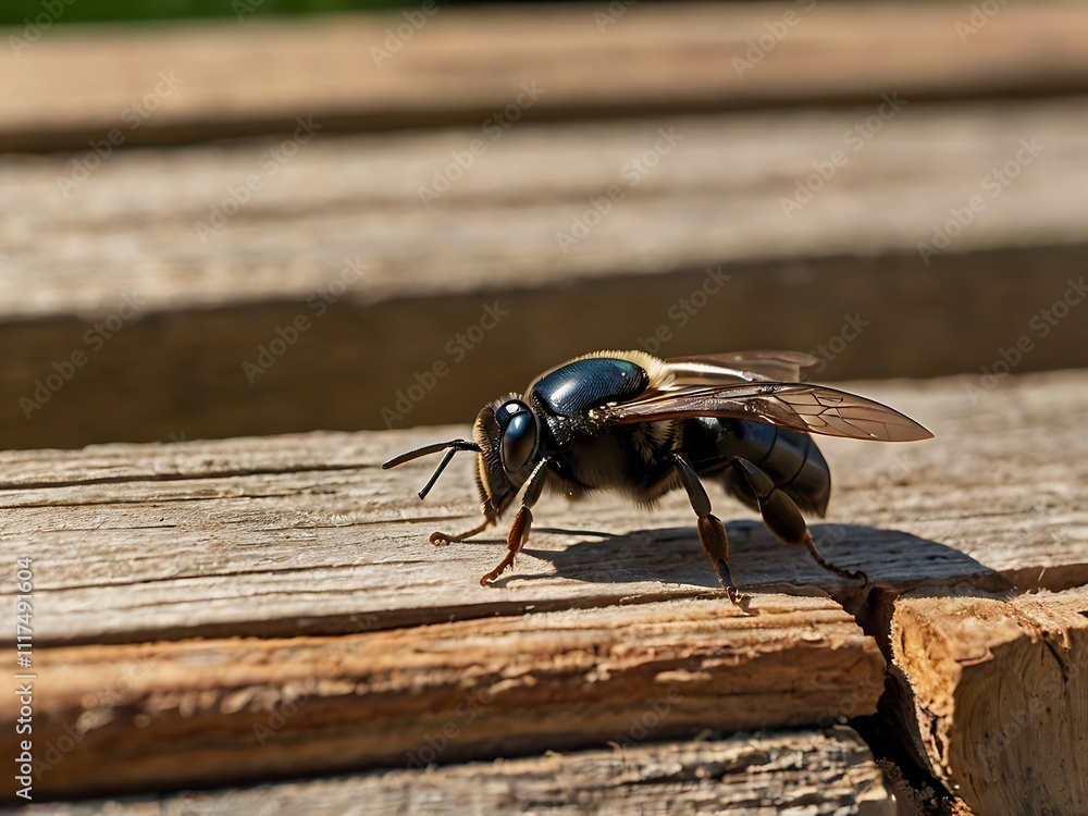 A Metallic Blue Bee Resting On Wooden Planks A Metallic Blue Bee Resting On Wooden Planks