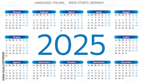 2025 calendar - Italian language. Printable vector illustration for Italy - Calendario. Number of year center.
