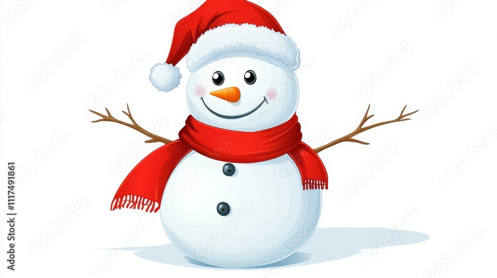 Fototapeta premium Smiling Snowman in a Santa Hat - A Festive Winter Illustration