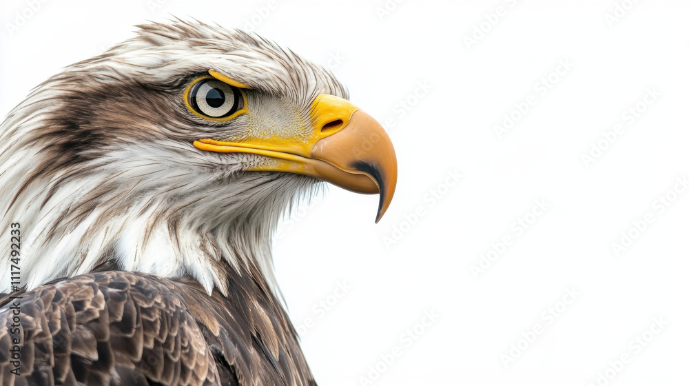 Close-up of a majestic eagle with striking yellow beak and piercing eyes against a clean white background, showcasing its regal and powerful presence. Close-up of a majestic eagle with striking yellow beak and piercing eyes against a clean white background, showcasing its regal and powerful presence.