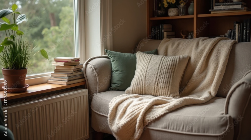 Fototapeta premium Cozy Reading Nook with Blanket, Pillow, and Books
