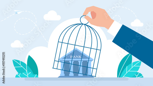 Government try to control crypto or decentralized money, authority and legal for trading crypto. Bank run away from government cage. Government try to control currency regulation. Vector illustration