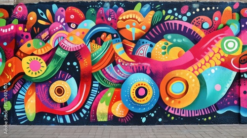 A mural that blends traditional cultural patterns with modern graffiti styles, celebrating diversity.