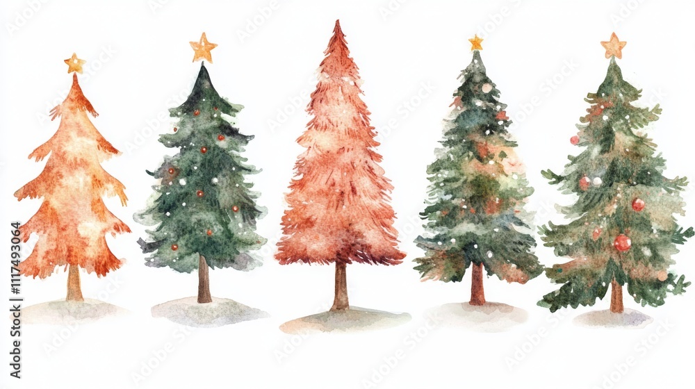 Obraz premium Watercolor Christmas Trees, Festive Holiday Illustration