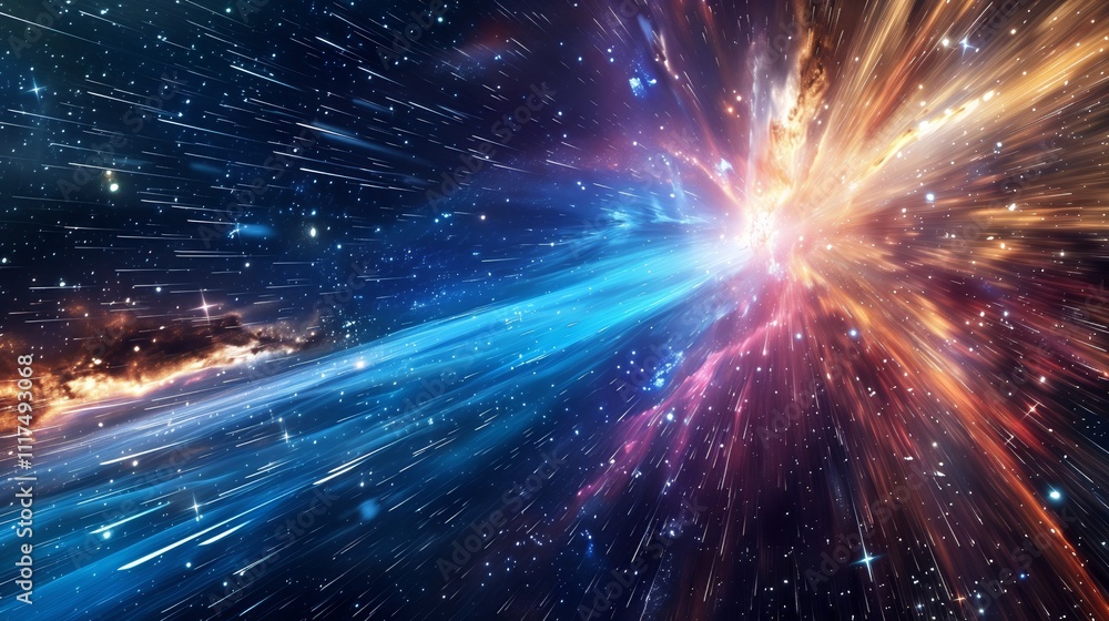 Cosmic Explosion: A vibrant and captivating depiction of a cosmic explosion, with streaks of blue and orange light emanating from a central point of energy. The image evokes a sense of awe and wonder. Cosmic Explosion: A vibrant and captivating depiction of a cosmic explosion, with streaks of blue and orange light emanating from a central point of energy. The image evokes a sense of awe and wonder.