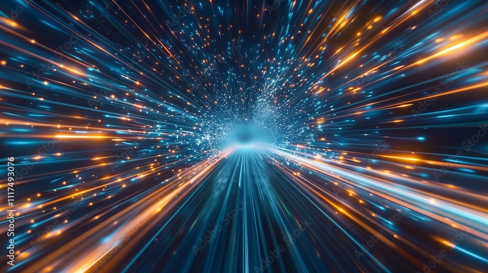 Fototapeta premium Speed of Light: A mesmerizing journey through a digital tunnel, where streaks of light blaze across the abyss, creating an ethereal and futuristic landscape.