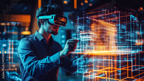 An architect brings architectural designs to life with 3D holographic construction models. The concept of innovation in architecture and futuristic design. Generative Ai. 