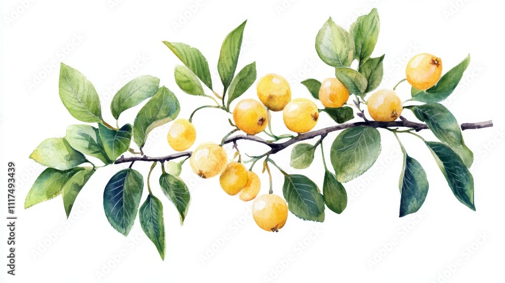 Watercolor Painting of a Branch with Yellow Fruits and Lush Leaves Watercolor Painting of a Branch with Yellow Fruits and Lush Leaves