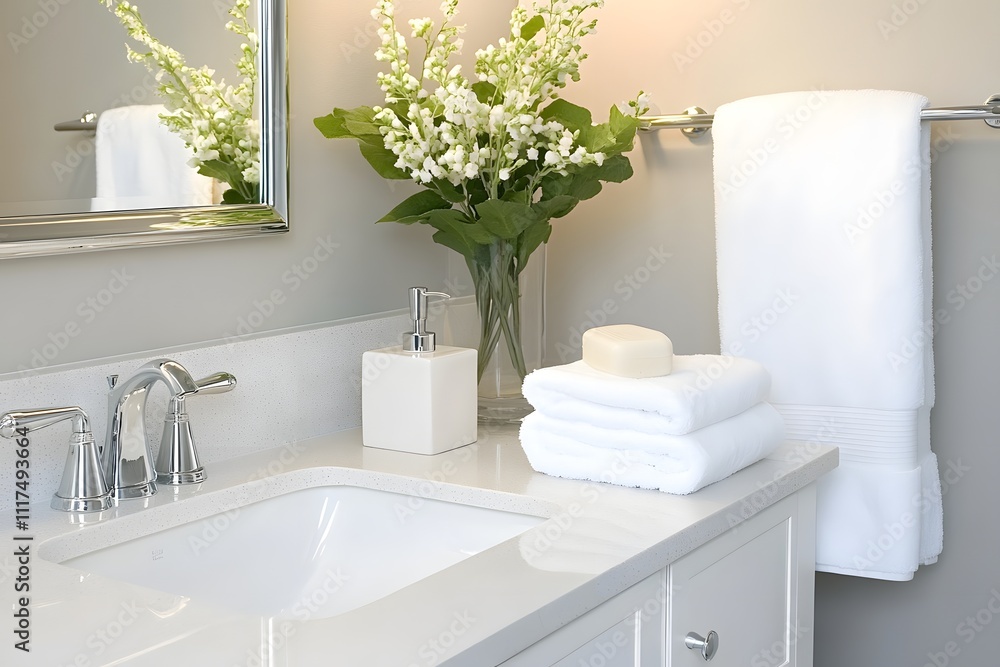 Fototapeta premium Stylish bathroom designs with elegant decorations, fresh plants, and towels, perfect for home interior inspiration.