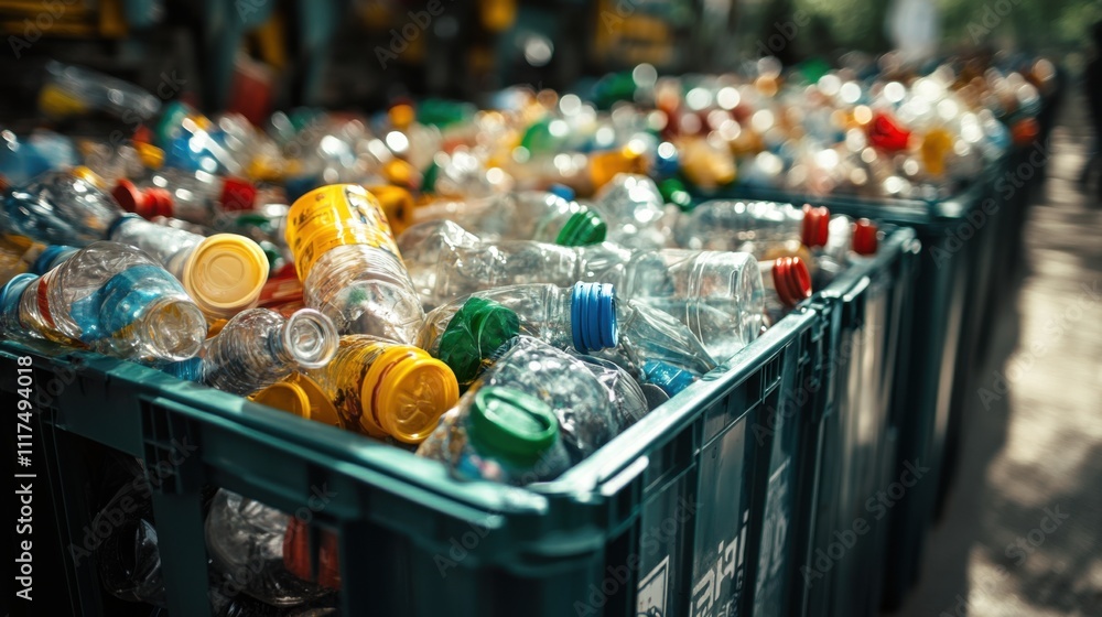 Colorful Plastic Bottles in Recycling Bins Highlight Environmental Concerns and Plastic Waste Management in Urban Settings with Glorious Sunlight Filtering Through Trees Colorful Plastic Bottles in Recycling Bins Highlight Environmental Concerns and Plastic Waste Management in Urban Settings with Glorious Sunlight Filtering Through Trees