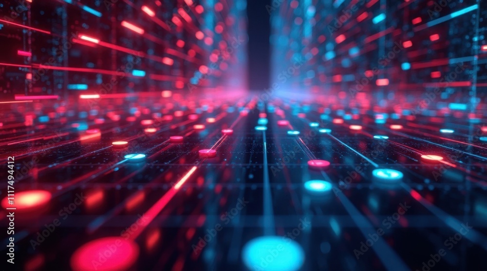 Digital Data Stream Flowing Through Neon Grids Digital Data Stream Flowing Through Neon Grids
