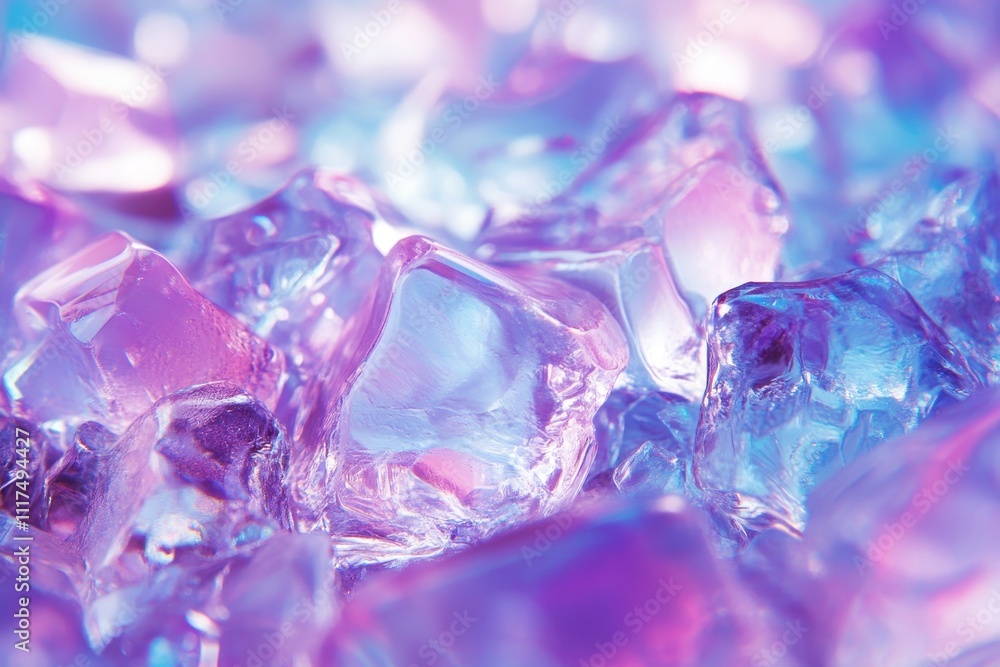 Close-up of colorful ice cubes reflecting light in shades of blue and purple. Close-up of colorful ice cubes reflecting light in shades of blue and purple.