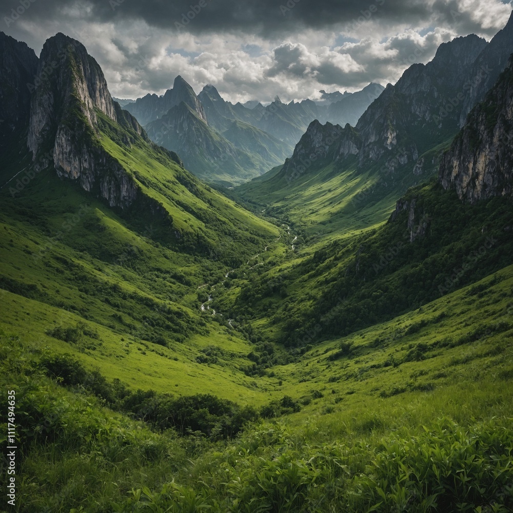 Obraz premium A lush green valley between two towering peaks.