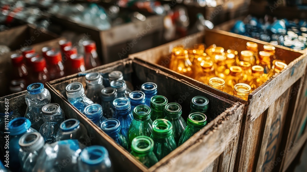 Vibrant Collection of Glass Bottles in Wooden Crates Showcasing a Variety of Colors, Perfect for Sustainable Living and Recycling Themes in Stock Photography Vibrant Collection of Glass Bottles in Wooden Crates Showcasing a Variety of Colors, Perfect for Sustainable Living and Recycling Themes in Stock Photography