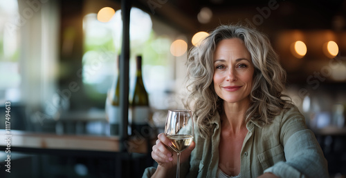 Beautiful mature woman enjoying a glass of white wine in a cozy restaurant setting with a warm ambiance in the background