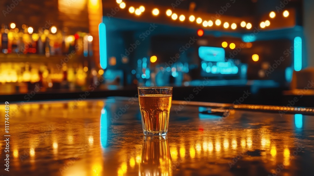 Shot glass of amber liquid on a bar top, blurred background of a busy bar. Shot glass of amber liquid on a bar top, blurred background of a busy bar.