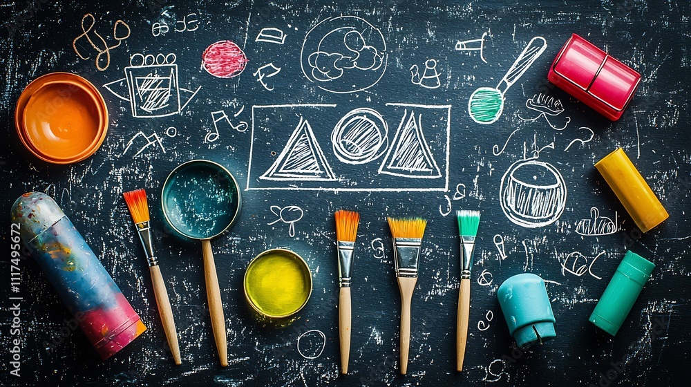 Colorful Back to School Supplies and Stationery on Chalkboard Background Colorful Back to School Supplies and Stationery on Chalkboard Background