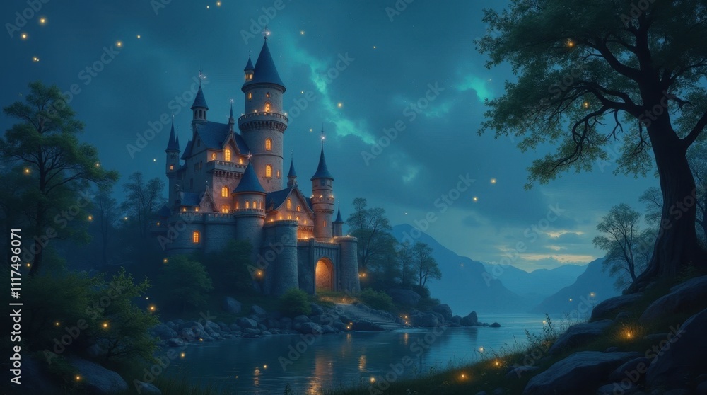 Enchanting Fairy Tale Castle with Glowing Fireflies Enchanting Fairy Tale Castle with Glowing Fireflies