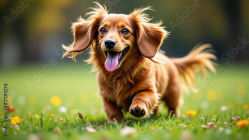 Smiling long-haired dachshund running through grassy field with leaves.