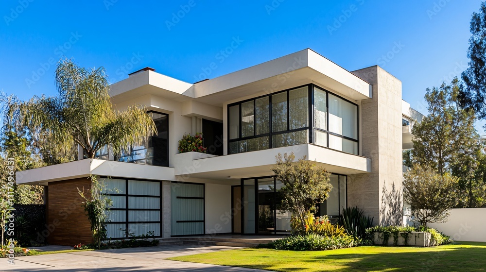 Fototapeta premium Elegant villa and modern apartment exterior, showcasing stunning architectural design and luxurious living spaces, perfect for residential real estate investments.
