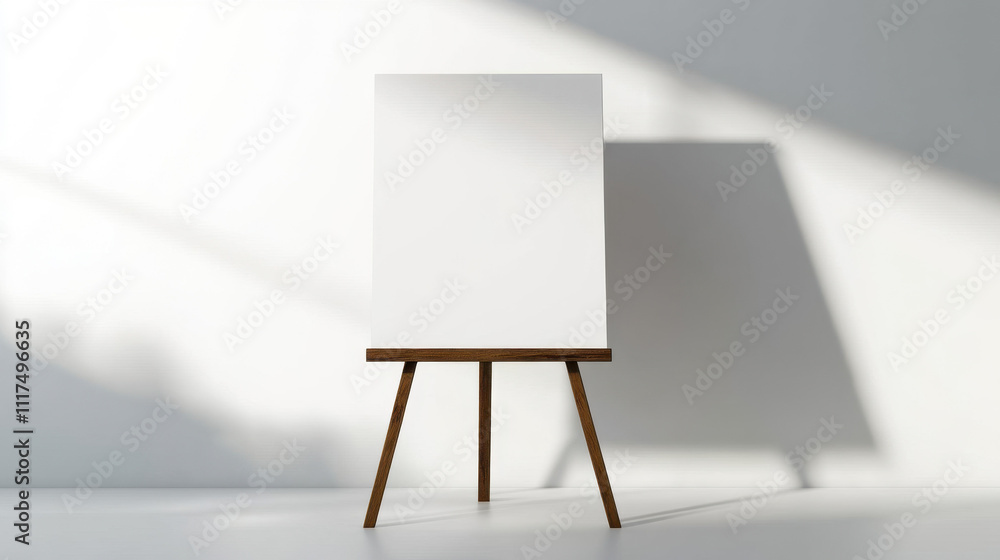 A blank canvas on a wooden easel casting a shadow in a sunlit studio, creating an inviting atmosphere for creativity and artistic expression. A blank canvas on a wooden easel casting a shadow in a sunlit studio, creating an inviting atmosphere for creativity and artistic expression.