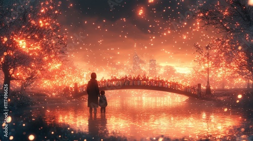 Enchanted Evening Glow Over Bridge with Silhouetted Figures in a Magical Landscape Surrounded by Sparkling Lights and Lush Trees