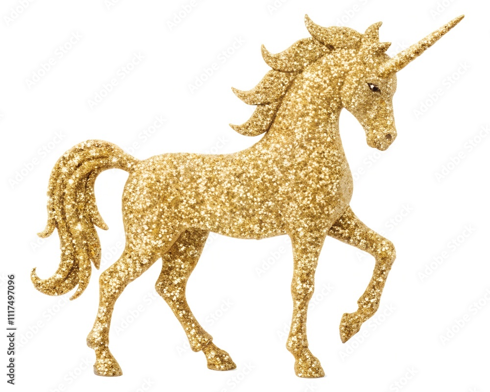 Naklejka premium A glittering golden unicorn captivates with its shining presence, dancing elegantly in a surreal world where dreams and imagination collide, evoking a sense of enchantment