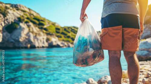 A man stands by a stunning beach, holding a garbage bag filled with collected waste, promoting environmental responsibility and beauty in nature.