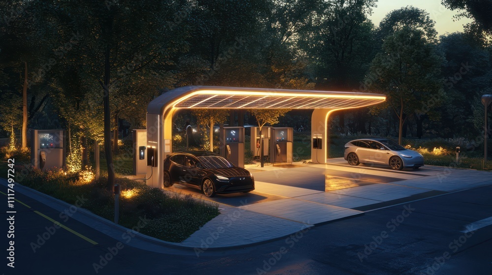 Obraz premium a public charging hub powered by solar energy, advanced photovoltaic systems, compact layouts, glowing LED accents, and clean designs