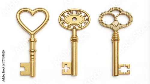 Three Golden Keys Heart, Ornate, Cross; 3D Render, White Background, Concept of Unlocking Potential, key, gold