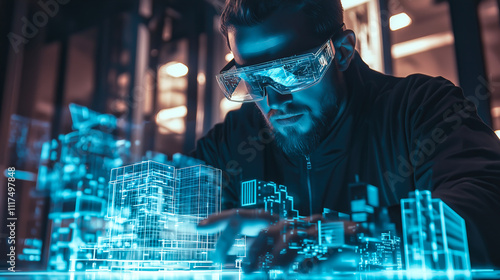 Fototapeta Naklejka Na Ścianę i Meble -  An architect brings architectural designs to life with 3D holographic construction models. The concept of innovation in architecture and futuristic design. Generative Ai. 